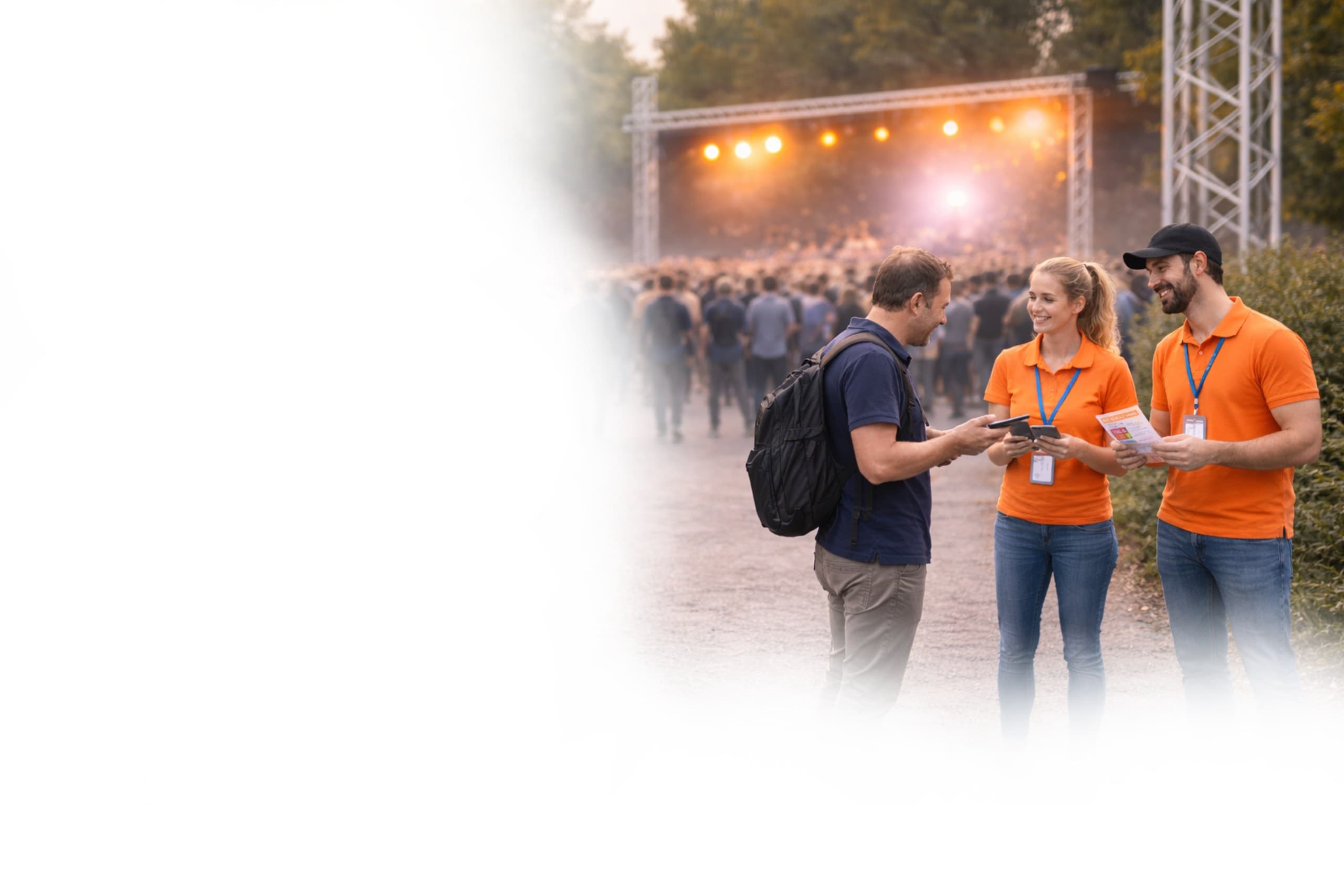 Zwei Mitarbeiter in orangefarbenen Shirts sprechen mit einem Mann vor einer beleuchteten Konzertbühne.