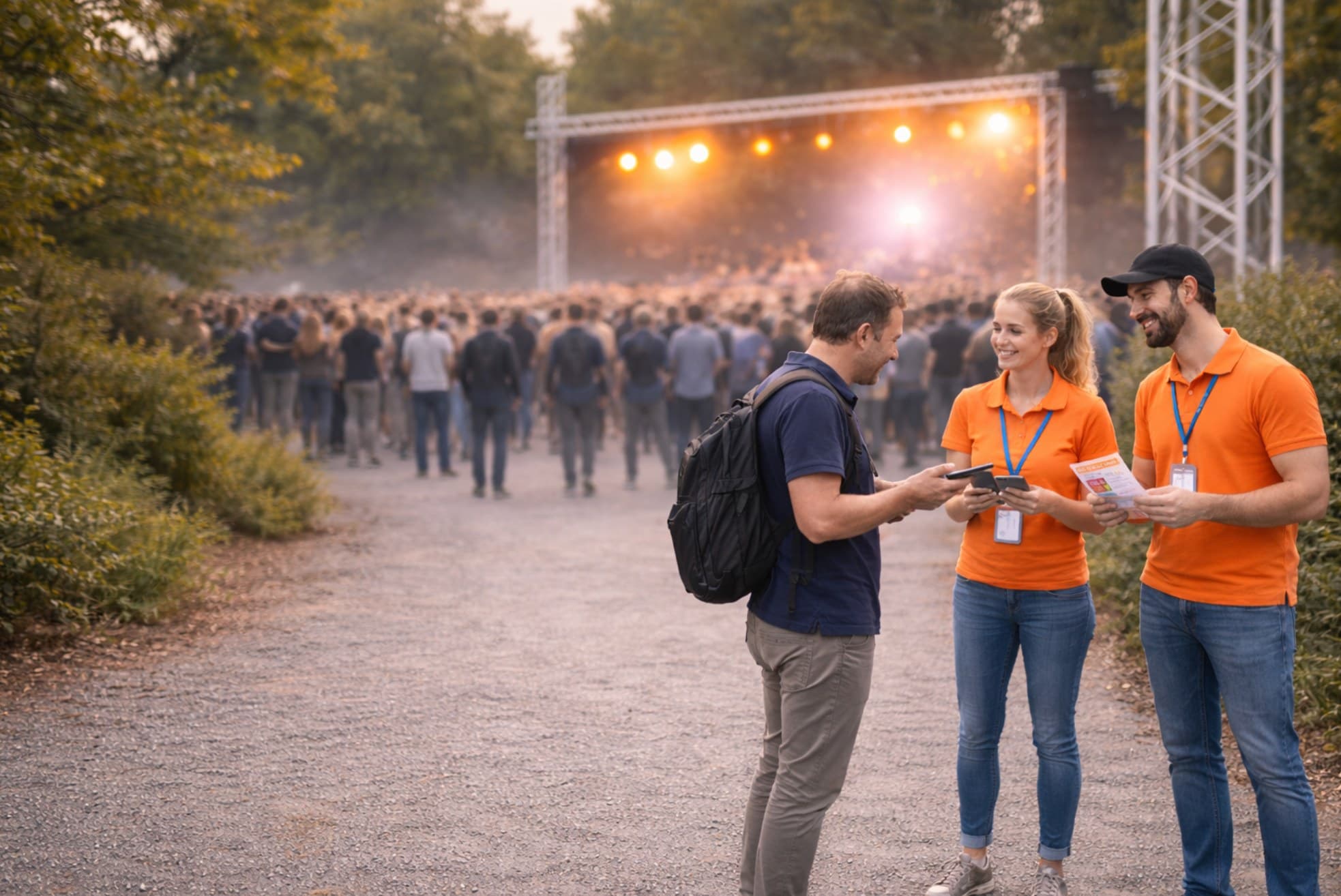 Zwei orange gekleidete Helfer sprechen mit einem Mann auf einem Festivalgelände vor einer Bühne und einer Menschenmenge.